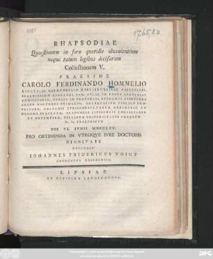 [T. 1], Coll. 5: Rhapsodia Quaestionum in foro quotidie obvenientium, neque tamen legibus decisarum