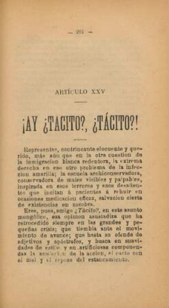 Artículo XXV. !Ay ?Tacito?, ?Tácito?!