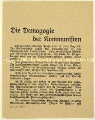 Flugschrift der KPD gegen die SPD und den geplanten Panzerkreuzerbau