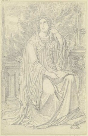 Eine Dame (Laura?) an einem Brunnen sitzend, mit Lektüre beschäftigt