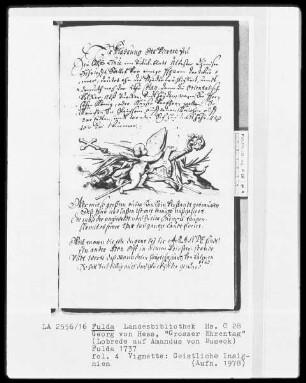 Georg Friedrich Heß, Großer Ehrentag, Lobrede auf Amadeus von Buseck — Vignette mit Putto und geistlichen Insignien, Folio 4 recto