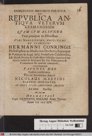 Exercitatio Historico Politica De Republica Antiqua Veterum Germanorum