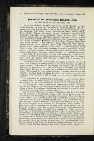 Konveniat der katholischen Religionslehrer : in Cöln am 27. und 28. Dezember 1911