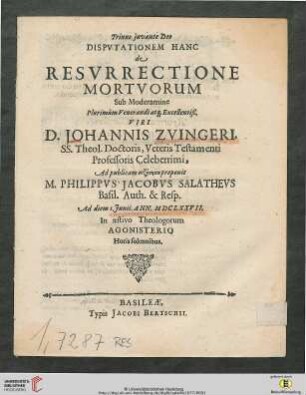 Dispvtationem Hanc de Resvrrectione Mortvorum : I