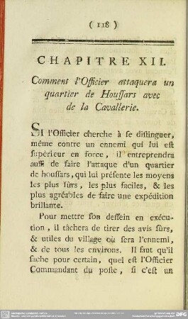 Chapitre XII. Comment l'Officier attaquera un quartier de Houssars avec de la Cavallerie