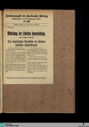 Karlsruher Zeitung, Sonderausgabe No. 449, Mitteilung der Obersten Heeresleitung vom 25. Juni 1915