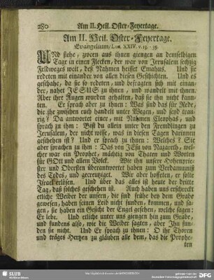 Am II. Heil. Oster-Feyertage. Evangelium, Luc. XXIV. v. 13 - 35