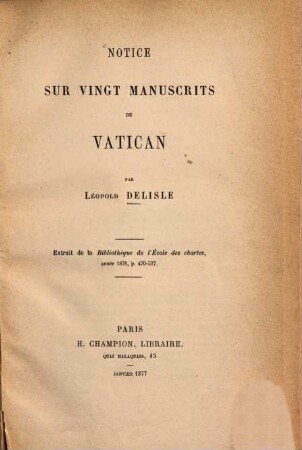 Notice sur vingt manuscrits du Vatican