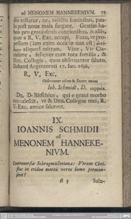 IX. Ioannis Schmidii ad Menonem Hannekenium