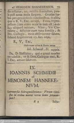 IX. Ioannis Schmidii ad Menonem Hannekenium