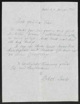 Brief von Oskar Loerke an Margarete Hauptmann