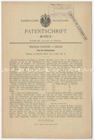 Patentschrift eines Rades mit Drahtspeichen, Patent-Nr. 37613