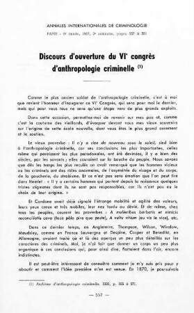 557-562, Discours d'ouverture du VI. congrès d'anthropologie criminelle