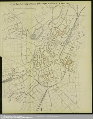 Oertliche Vertheilung der Typhuserkrankungen in Chemnitz im Jahre 1888