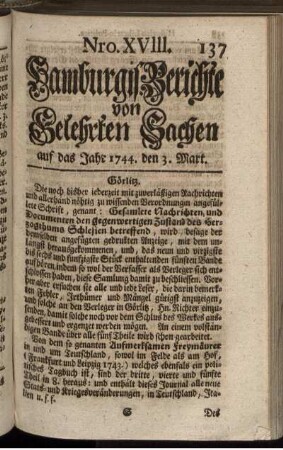 Nro. XVIII. auf das Jahr 1744. den 3. Mart. - Nro. XXV. auf das Jahr 1744. den 27. Mart.