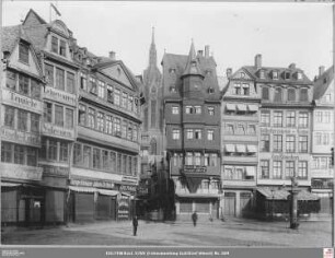 Römerberg 34-30, Markt mit Domturm und Römerberg 28-24 mit Minervabrunnen