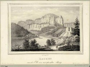 Rathen an der Elbe mit der Burgruine Altrathen und den Felswänden der Bastei und der Weißen Brüche in der Sächsischen Schweiz von Südosten, aus Zeitschrift Sachsen Sonst und Jetzt 1848