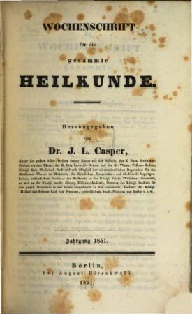 Wochenschrift für die gesammte Heilkunde, 1851