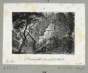 Zweite Ansicht der Thaumühle an der Wesenitz im Liebethaler Grund bei Lohmen in der Sächsischen Schweiz, wahrscheinlich heute Wasserkraftwerk und Gasthaus Daubemühle, aus Brückners Pitoreskischen Reisen um 1800
