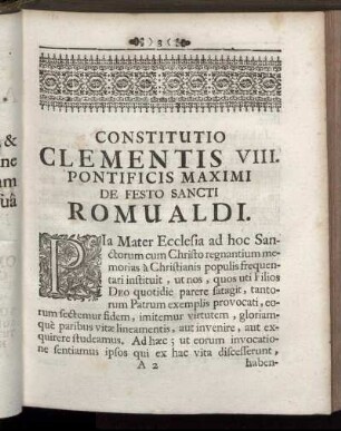 Constitutio Clementis VIII. Pontificis Maximi De Festo Sancti Romualdi.