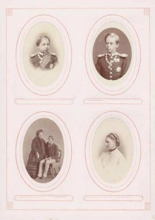 links oben: Kronprinz Friedrich Wilhelm von Preußen rechts oben: Prinz Waldemar (?) von Preußen links unten: Queen Victoria und Prinz Arthur rechts unten: Prinzessin Louise (?)
