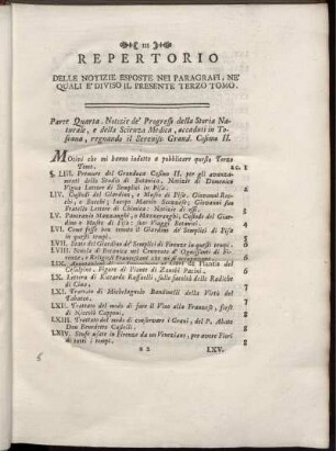 Repertorio delle notizie eposte neu paragrafi, ne' quali e' diviso il presente terzo tomo.