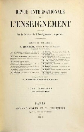 Revue internationale de l'enseignement. 20. 1890