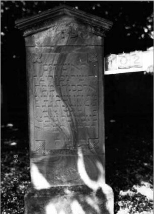 Grabstein 102 (Index: 100086592) Material: Sandstein Zustand: abgeblättert Maße HxBxT: 138x57x17 cm Beschreibung: Stele, Sockel, giebelartiger Abschluß mit Verdachung Symbolik: vier Blüten: Grabstein 102