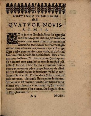 Disputatio Theologica De Quatuor Novissimis