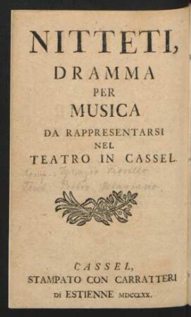Nitétis : Opera En Musique ; Pour être Represente Sur Le Théatre De Cassel