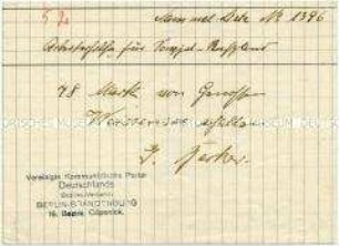 Handschriftliche Quittung der KPD Berlin-Brandenburg über den Erhalt von 48 Mark als Spende für Sowjet-Rußland