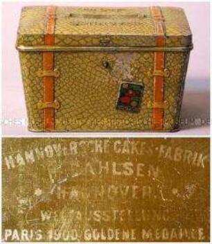 Blechdose in Form eines Koffers für Gebäck "H. BAHLSEN UND CAKES-FABRIK HANNOVER"