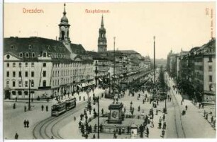 Dresden. Hauptstraße, Dreikönigskirche, Goldener Reiter und Straßenbahn