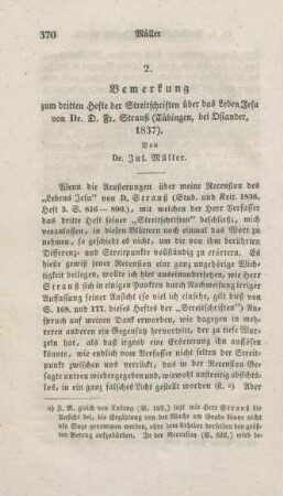 370-383 Bemerkungen zum dritten Hefte der Streitschriften über das Leben Jesu von Dr. D. Fr. Strauß