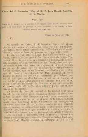 Núm. 59. Carta del P. Saturnino Úrios al R. P. Juan Ricart, Superior de la Misión