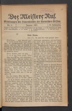 Nr. 1. Januar 1921. 13. Jahrgang