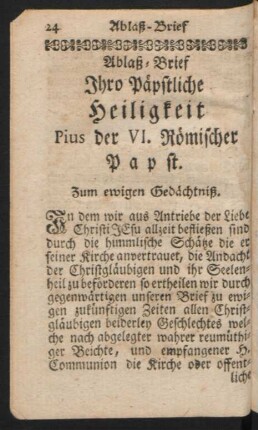 Ablaß-Brief Ihro Päpstliche Heiligkeit Pius der VI. Römischer Papst