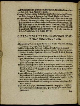 Libri Historici Philosophici et Artium Humaniorum.