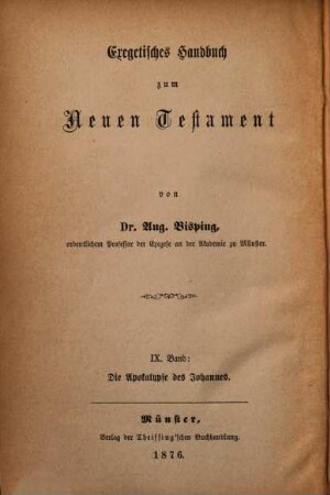 Exegetisches Handbuch zum Neuen Testament, 9. Erklärung der Apokalypse des Johannes