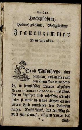 An das Hochgebohrne, Hochwohlgebohrne, Wohlgebohrne Frauenzimmer Deutschlandes.