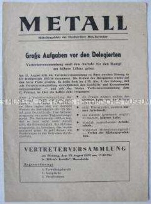 Mitteilungsblatt des FDGB für Westberliner Metallarbeiter zur Vertreterversammlung der IG Metall in Frankfurt (Main)
