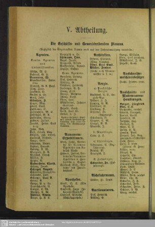 V. Abtheilung. Berufsklassen und Gewerbebetriebe : V. Abtheilung. Die Geschäfts- und Gewerbetreibenden Plauens