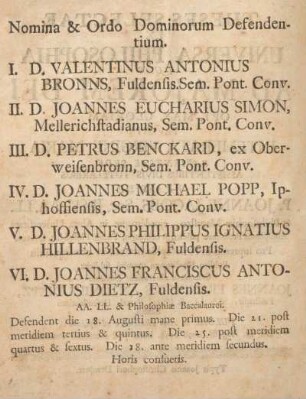 Nomina & ordo dominorum defendentium.