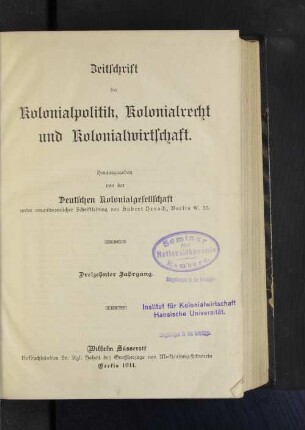 13.1911: Zeitschrift für Kolonialpolitik, Kolonialrecht und Kolonialwirtschaft
