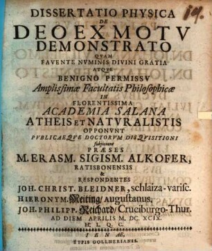 Diss. phys. de deo ex motu demonstrato