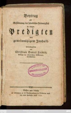 Beytrag zur Beförderung der häuslichen Frömmigkeit in einigen Predigten von gemeinnützigem Innhalt