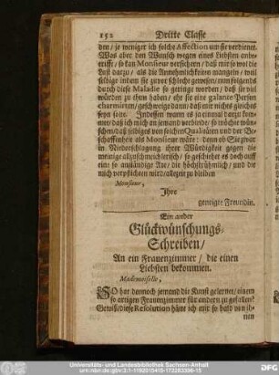 Ein ander Glückwünschungs-Schreiben, An ein Frauenzimmer, die einen Liebsten bekommen.