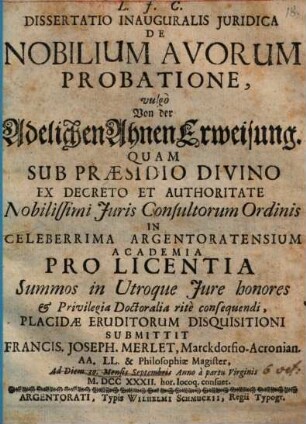 Diss. inaug. iur. de nobilium avorum probatione