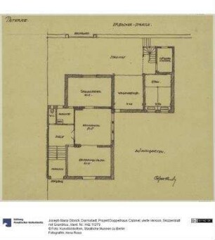 Darmstadt, Projekt Doppelhaus Cabinet, vierte Version, Skizzenblatt mit Grundriss