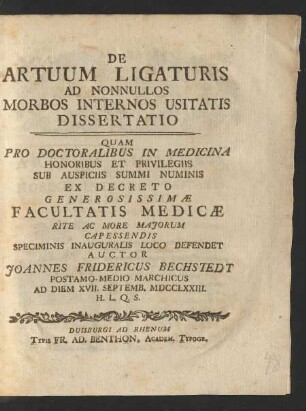 De Artuum Ligaturis Ad Nonnullos Morbos Internos Usitatis Dissertatio